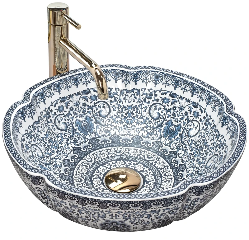 Rea REA-U5666 Bathroom Sink Made of Ceramic Vivien-pattern-REA-U5666, White Blue, Vivien 42,5 x 42,5 cm