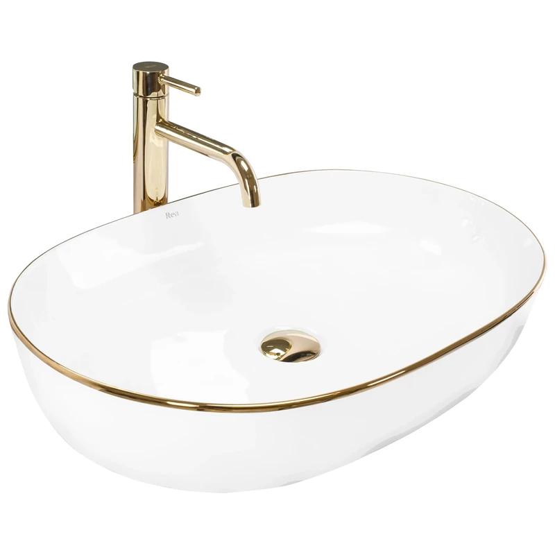 Rea Bathroom Sink Made of Ceramic Cleo 61 Gold Edge - White/Gold - REA-U6211