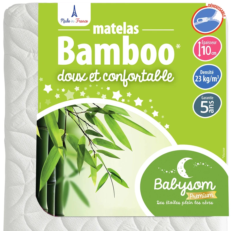 Babysom - Bamboo Baby Mattress - 60 x 120 cm | Ultra-Soft Touch Viscose | Breathable and Absorbent | No Chemical Treatment | Thickness 10 cm | Removable Cover | Oeko-Tex | Made in France
