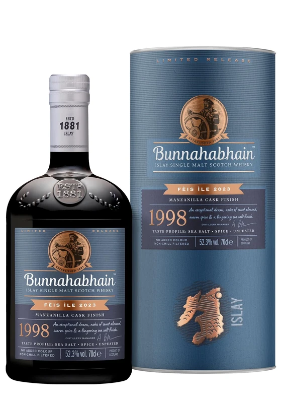 Bunnahabhain 1998 Manzanilla Cask Finish Islay Single Malt Scotch Whisky, 70cl 52.3% vol | Fèis Ìle 2023 | Peppery and spicy, salty and sweet | Islay Single Malt Whisky
