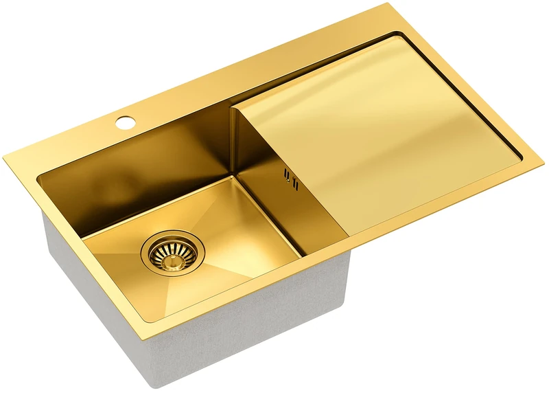 QUADRON Russell 111 Single-Bowl Kitchen Sink with Tap Hole 78 x 48 x 20 cm Pvd-Golden Single Bowl with Steel Chamber Stainless Steel