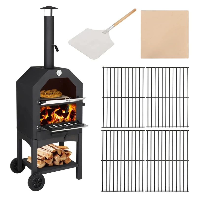 Outvita Outdoor Pizza Oven, Wood Fired Pizza Oven with Adjustable Chimney, Wheels, Pizza Stone, Pizza Peel, Grill Rack for Patio Cooking Picnic Party