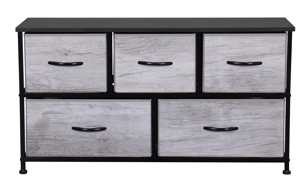 Requena Wide Chest of Drawers with 5 Drawers and Wood Top, Large Storage Space, Easy to Install Room Organizer for Bedroom, Living Room, Nursery (CD-206-GREY-BLK)