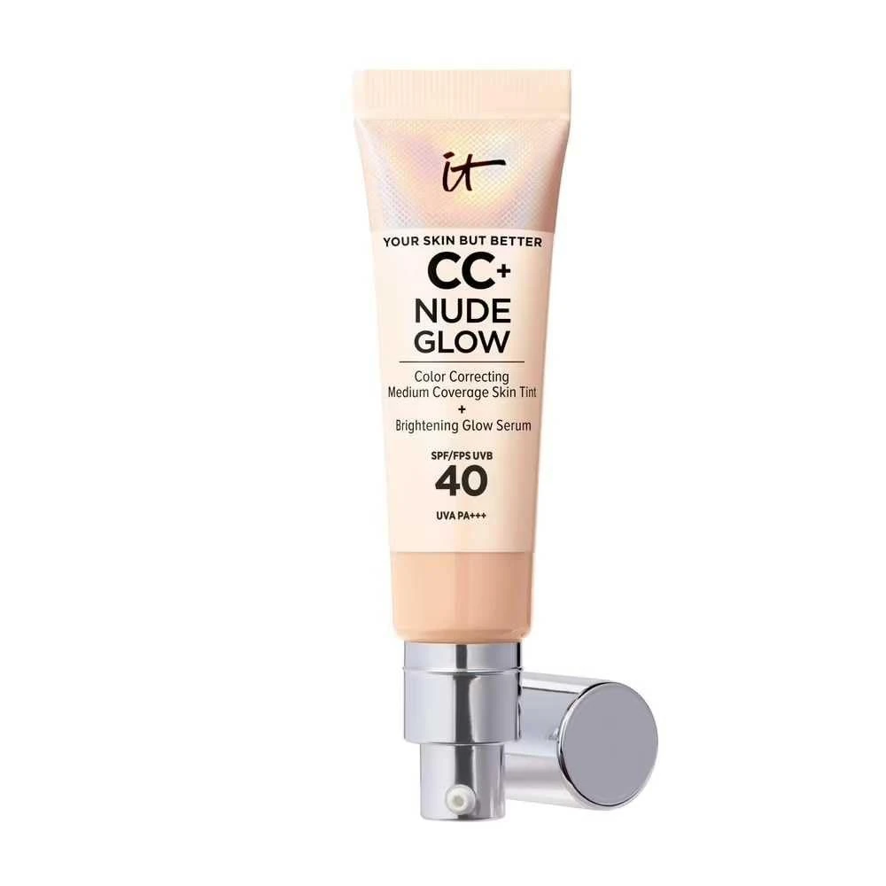 IT Cosmetics, CC+ Cream Nude Glow Foudation, Medium Coverage, Instantly Brighter & Hyrdrated Skin, Made with 2% Niacinamide & Hyaluronic Acid, Your Skin But Better, Shade: Light Medium, 32ml