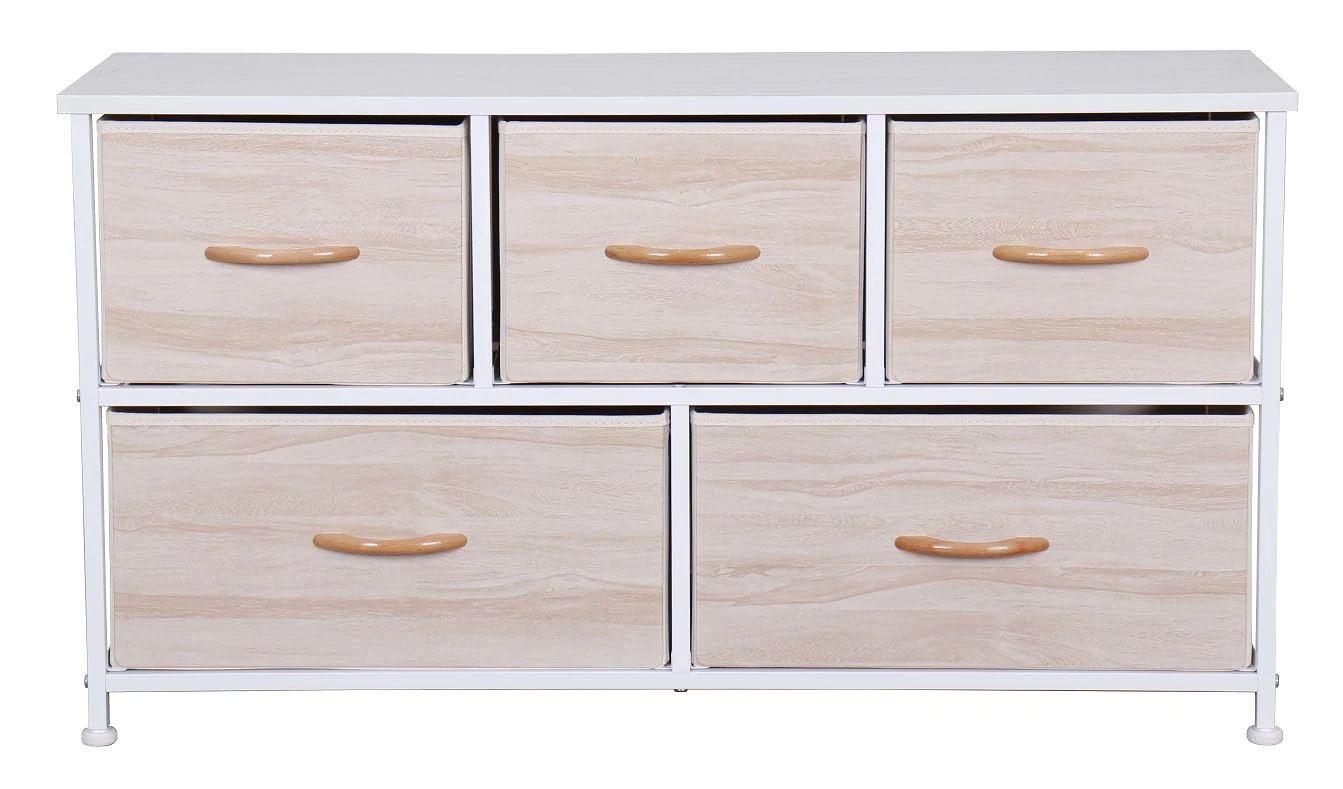 Requena Wide Chest of Drawers, 5 Drawers with Wood Top and Large Storage Space, Easy to Install Room Organizer, for Bedroom, Living Room, Nursery Room, Hallway CD-206-BEECH-WH