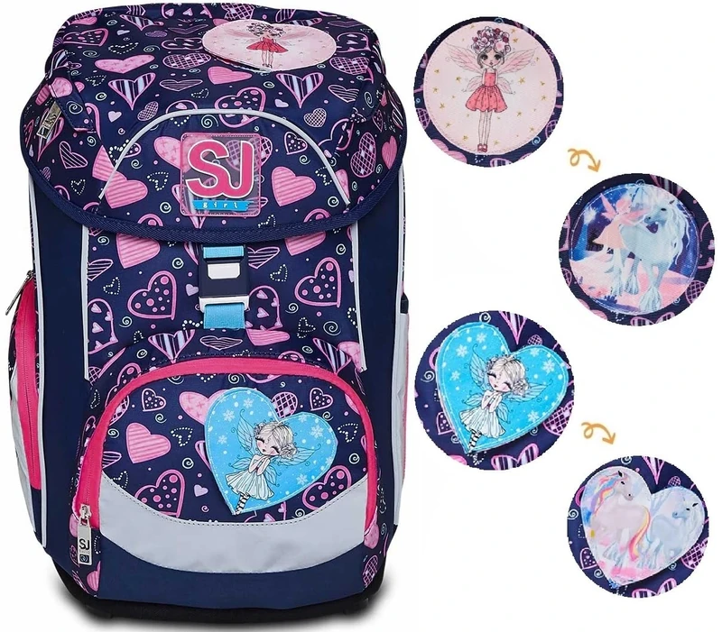 SJ GANG Backpack, UPDOWN BOX HEARTLY MIX Eco-friendly Ergonomic Knapsack, for 1st Grade Kids - For School, Sport, Free Time, with Side Pockets, many Compartments, Shoulder Straps Adjustment System