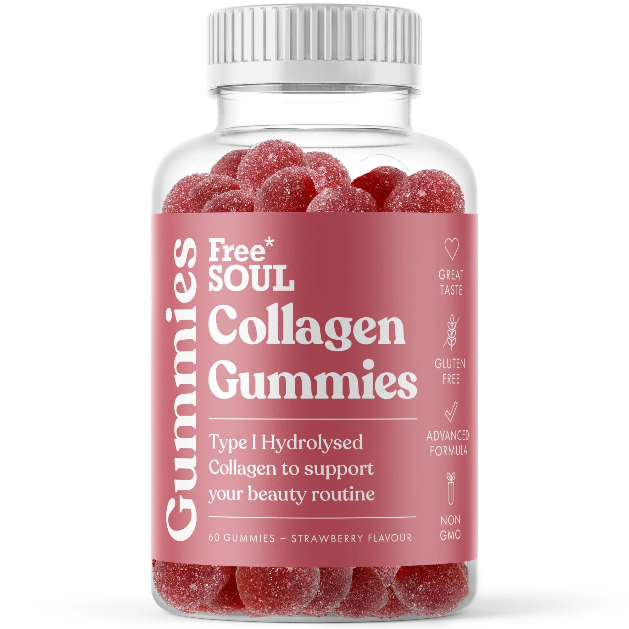 Collagen Gummies by Free Soul | High Strength Marine Collagen Supplement | Advanced Superior Type 1 Hydrolysed Collagen Peptides | Triple Strength Pure Formulation Supplement | 60 Gummies