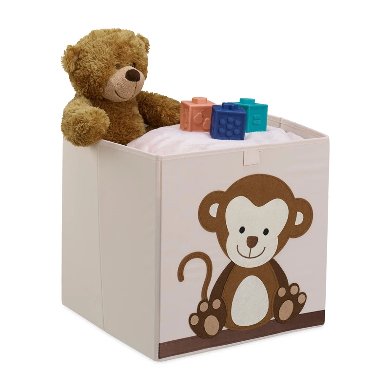 Relaxdays Toy Box, Children, Monkey Symbol, HxWxD: 33 x 33 x 33 cm, Clothes, Tidy, Foldup, Storage, Chest, Beige/Brown, Fleece