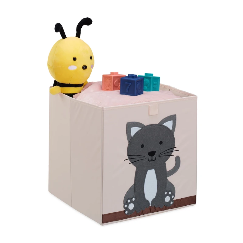 Relaxdays Toy Box, Children, Cat Symbol, HxWxD: 33 x 33 x 33 cm, Clothes, Tidy, Foldup, Storage, Play, Chest, Beige/Grey - Image 1