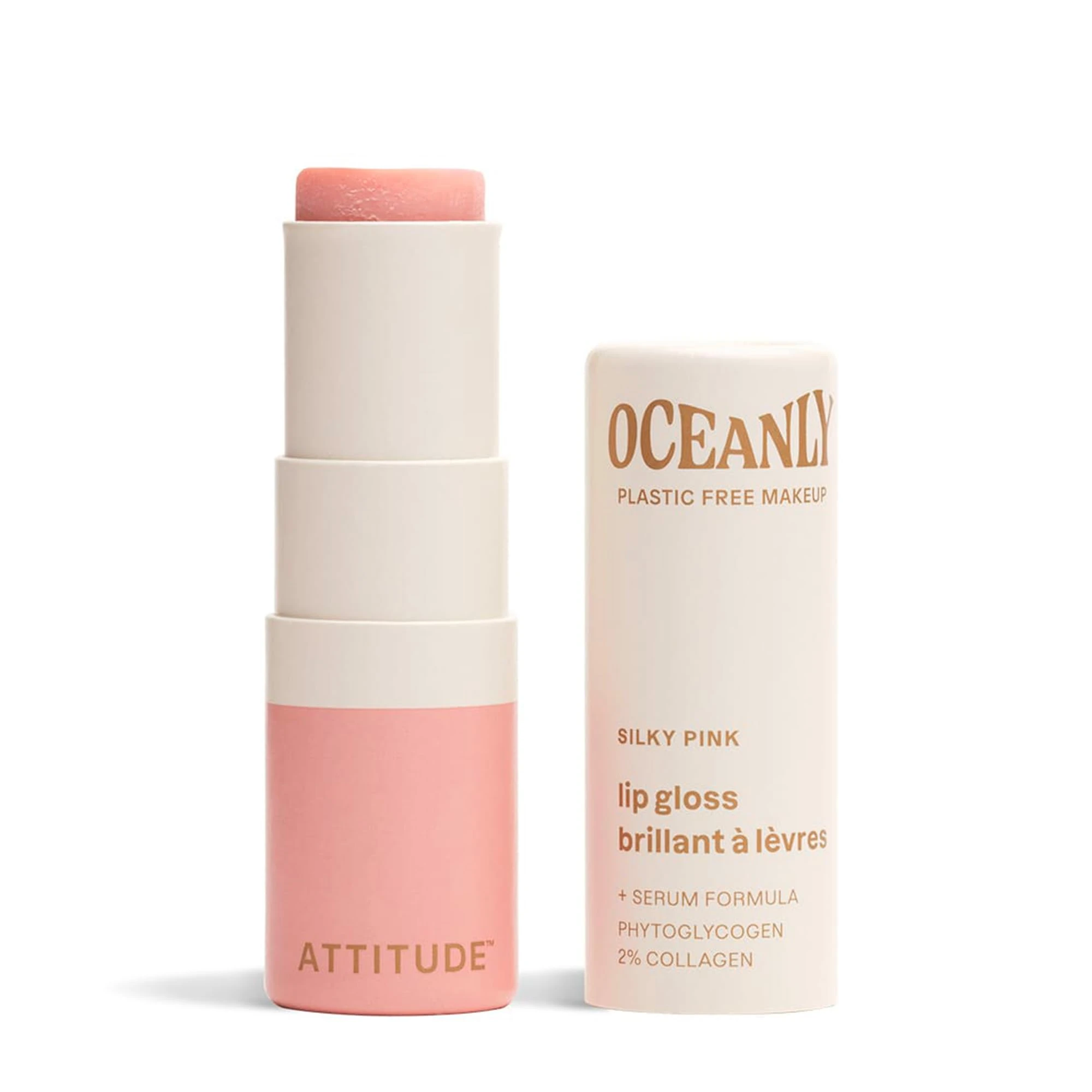 ATTITUDE Oceanly Sheer Lip Gloss Stick, EWG Verified, Titanium Dioxide-Free, Vegan Makeup & Beauty, Plastic-Free, Silky Pink, 3.4 grams