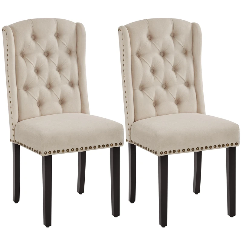 Yaheetech Upholstered Button Tufted Dining Room Chairs Set of 2 Kitchen Chairs with Nailhead Trims and Solid Legs for Home, Restaurant, Beige