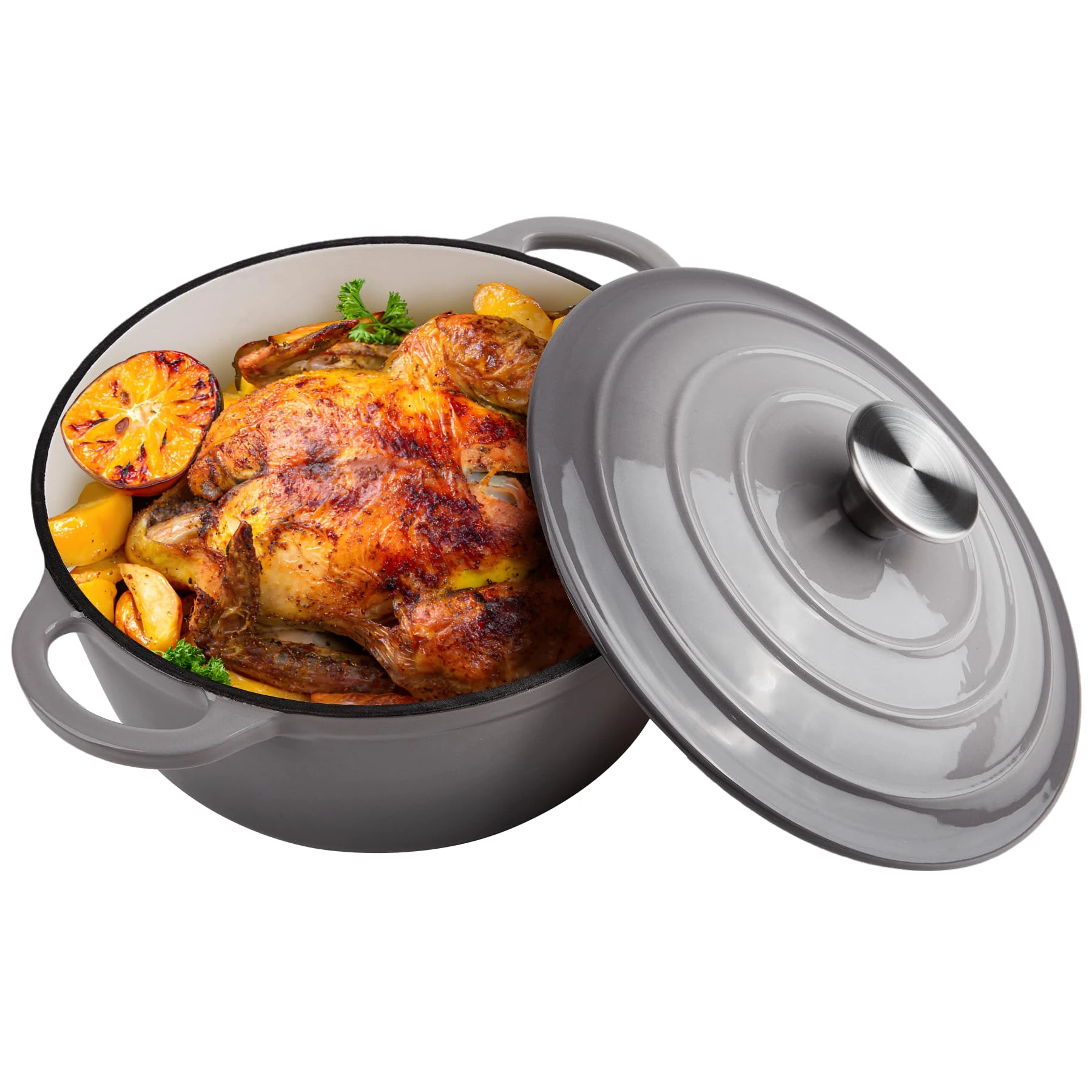 6 Quart Dutch Oven Enameled Cast Iron with Lid - Big Dual Handles - Oven Safe up to 500°F - Classic Round Pot for Versatile Cooking (Light Gray, 6 QT)