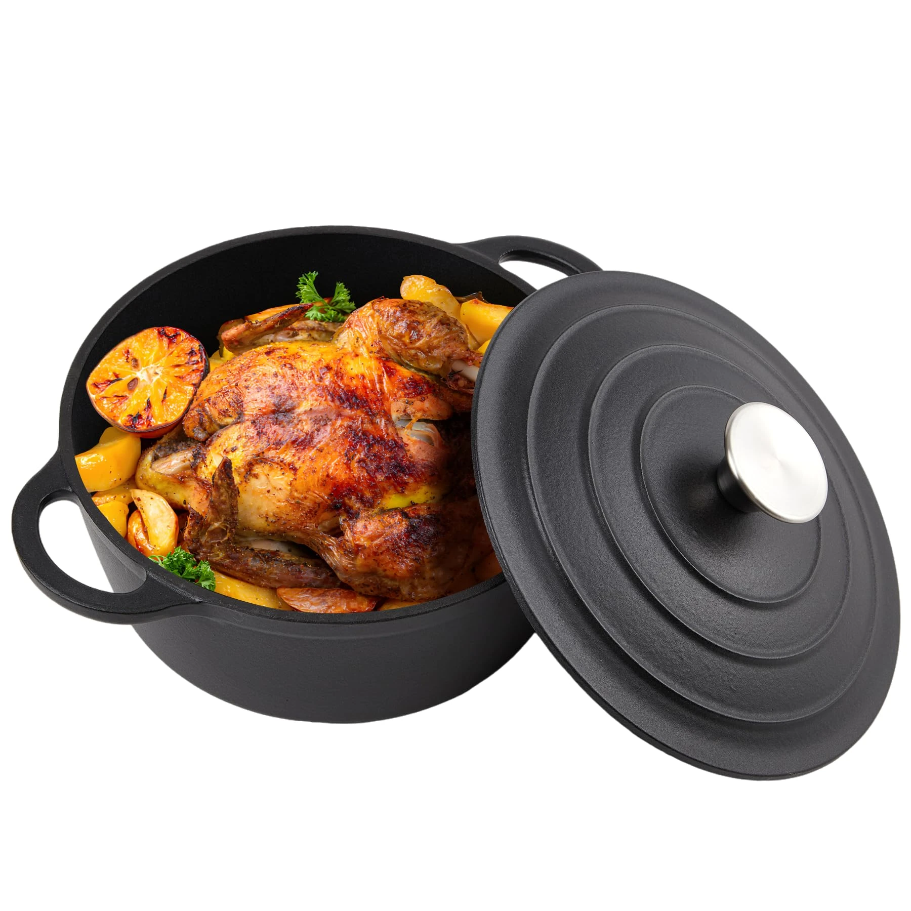 6 Quart Dutch Oven Enameled Cast Iron with Lid - Big Dual Handles - Oven Safe up to 500°F - Classic Round Pot for Versatile Cooking (Matte Black(No Enameled), 6 QT)