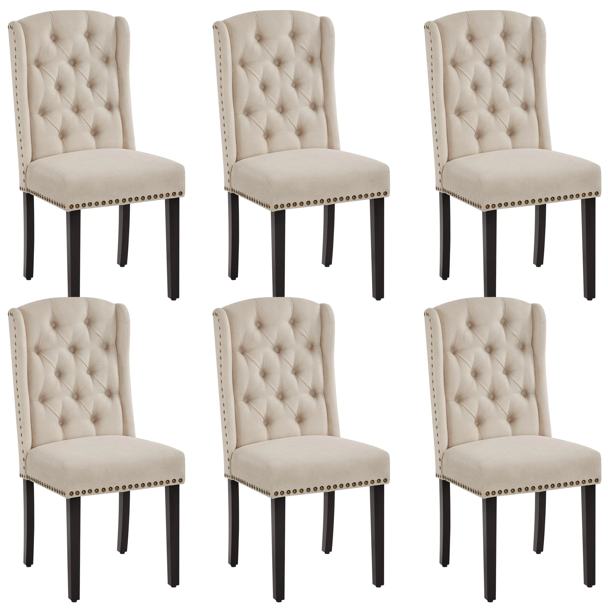 Yaheetech Dining Chairs Set of 6 Upholstered Button Tufted Kitchen Chairs with Nailhead Trims and Solid Legs for Dining Room, Home, Kitchen, Beige