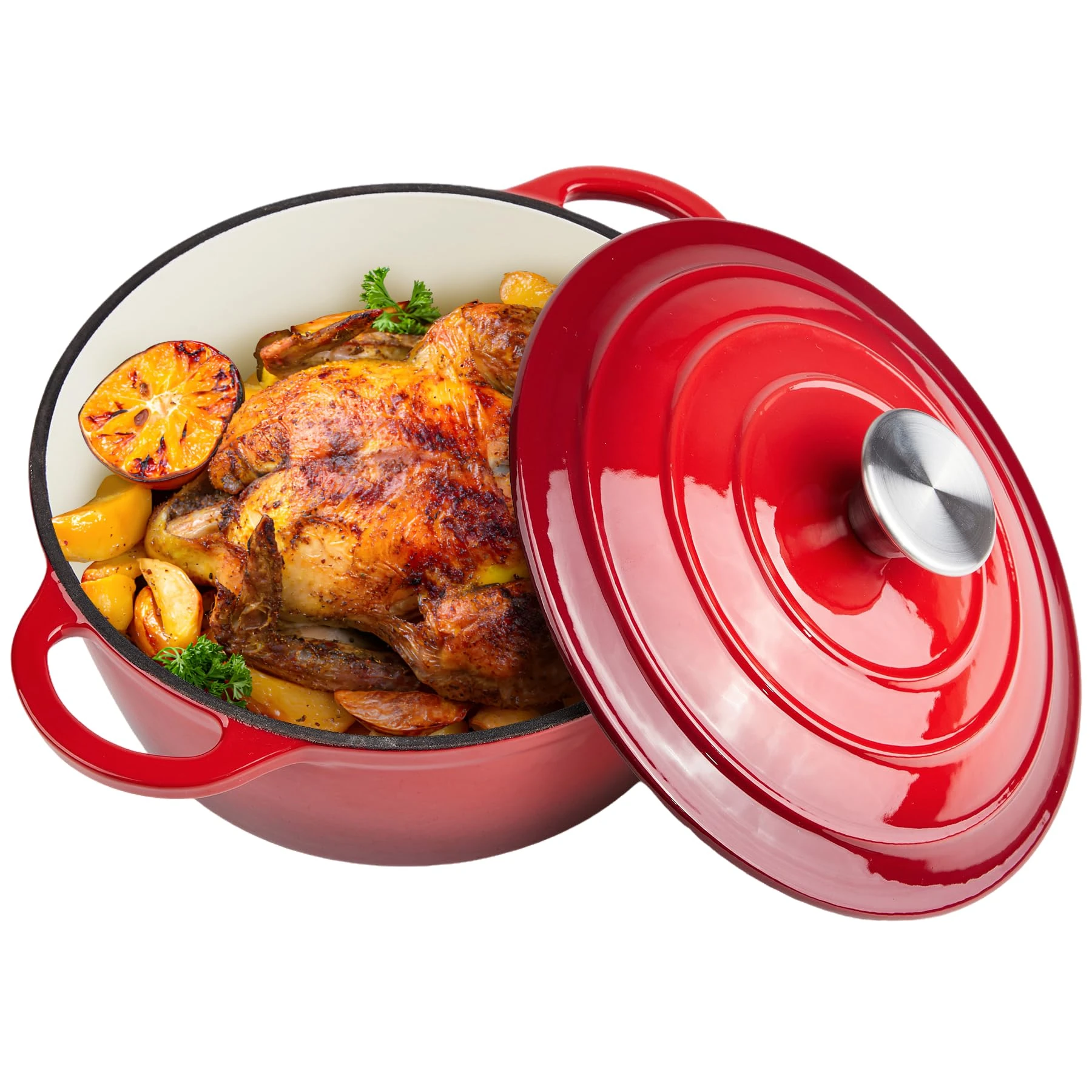 6 Quart Dutch Oven Enameled Cast Iron with Lid - Big Dual Handles - Oven Safe up to 500°F - Classic Round Pot for Versatile Cooking (Red, 6 QT)