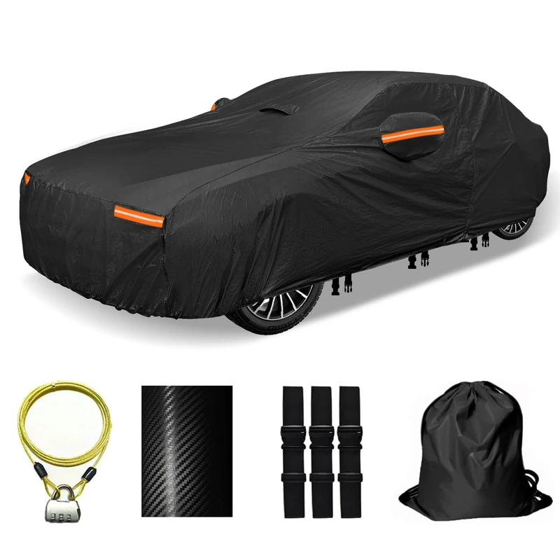 OWEEIO Upgrade Thickened Car Cover Waterproof All Weather for Automobiles, Full Exterior Cover, Outdoor Universal Car Cover (Black, Fit Sedans 201"-210")
