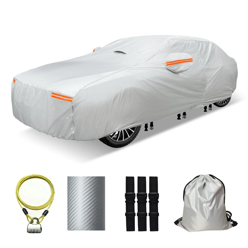 Oweeio 30 Layers Car Cover Waterproof, UV Protection Outdoor Windproof Door Zipper, Soft Cotton (Silver, Fit for 15-15ft Sedans)