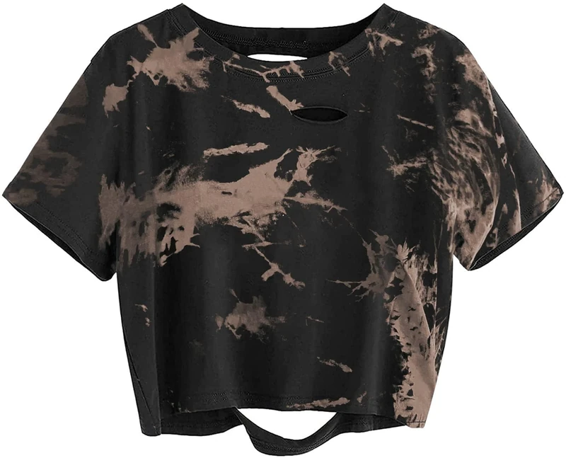 Avanova Women's Graphic Printed Tee Short Sleeve Distressed Crop Tops T Shirt, Tie Dye Brown a, M