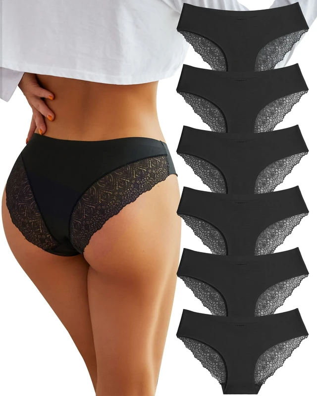 BeReady Seamless Knickers for Women Multipack Lace Underwear Women Brazilian Knickers Sexy Bikini Panties V Waist High Leg Cut Invisible Women's Pants Pack of 6 Black