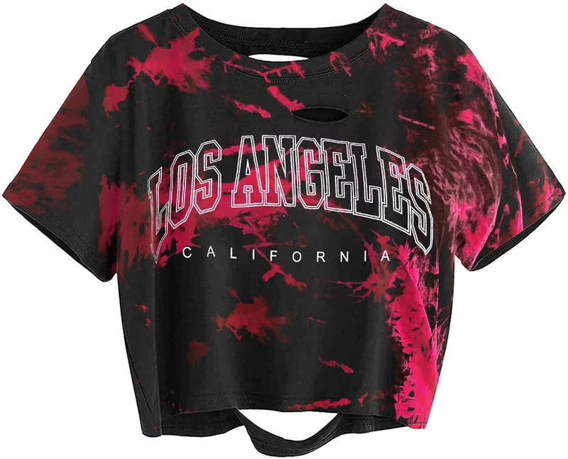 Avanova Women's Graphic Printed Tee Short Sleeve Distressed Crop Tops T Shirt, Tie Dye Red B, M