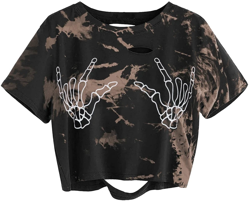 Avanova Women's Graphic Printed Tee Short Sleeve Distressed Crop Tops T Shirt, Tie Dye Brown C, XS