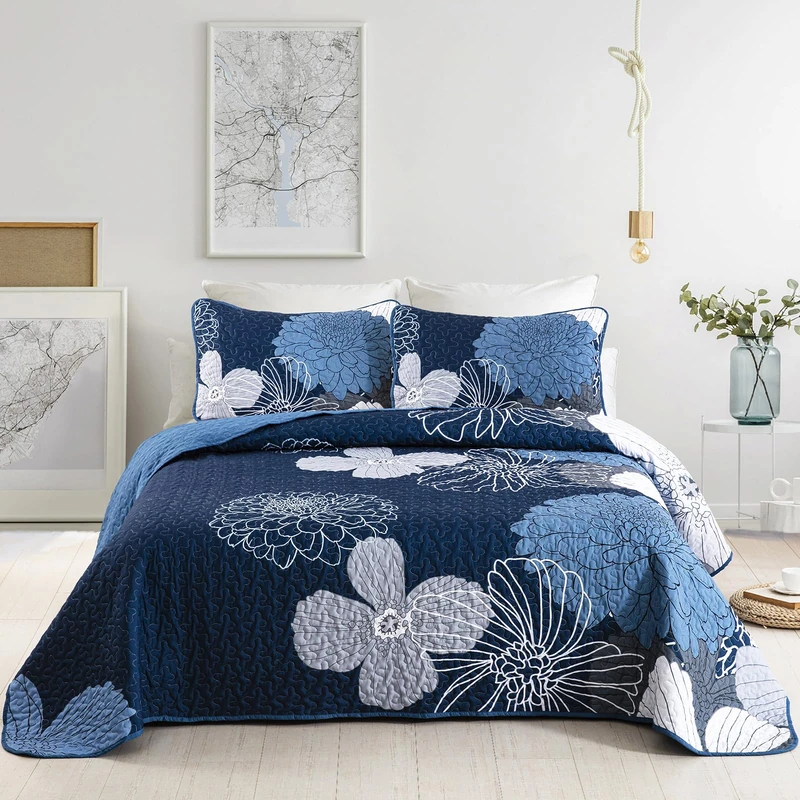 3 Pieces Navy Blue Floral Pattern Quilts Set Queen Size - Reversible Microfiber Boho Flowers Pattern Coverlet Bedding Set with 2 Pillowcases, All Season Lightweight Quilted Bedspread (96"x 90", Navy)