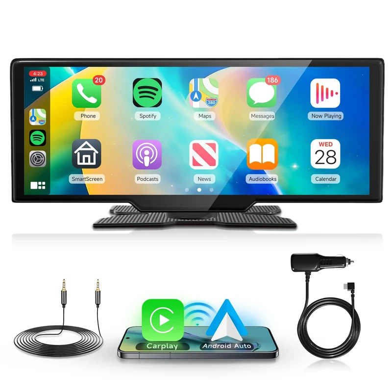 Rimoody 10.26 Inches Wireless CarPlay Android Auto Screen Portable Car Stereo, Touchscreen Portable CarPlay Screen with Siri, Bluetooth, FM Transmitter, Voice Control, OTA Updates, 7V-32V