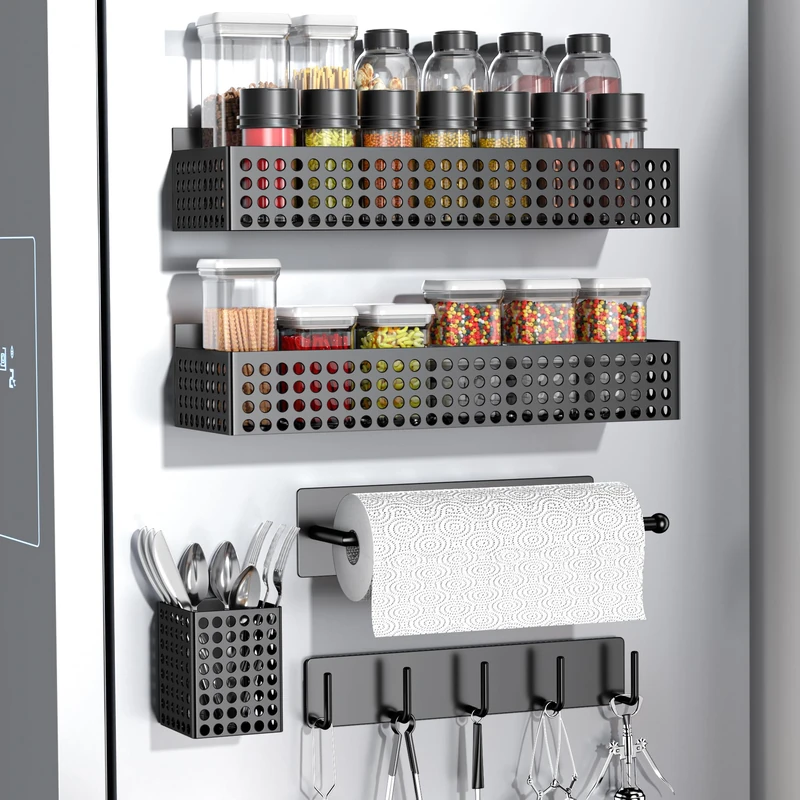 Toosci Magnetic Fridge Organizer Set, 5 Pcs, Customizable, Metal Material, Ideal for Storing Spices, Cans, Drinks, Snacks, Kitchen Utensils, and More - Image 1