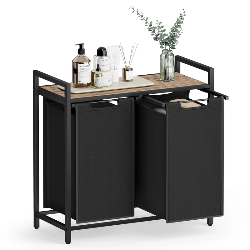 VASAGLE Laundry Basket, 2-Compartment Laundry Hamper, Pull-Out and Removable Laundry Bags, Laundry Sorter, Shelf, Metal Frame, 2 x 46L, 73 x 33 x 72 cm, Camel Brown and Black BLH201B50