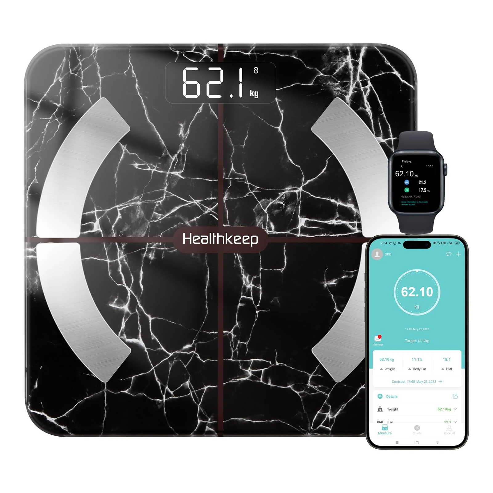 Healthkeep Scales for Body Weight with App 13 Body Composition Metrics, Digital Bathroom Scales with Bluetooth Weighing Scale, App Compatible with iOS Android 11 * 11 Iches (Black)