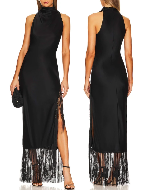 Aigeman Women Vintage Flapper Dresses 1920s Great Gatsby Halter Fringed Maxi Dress Tassels High Split Formal Dress 19, Black, S - Image 1