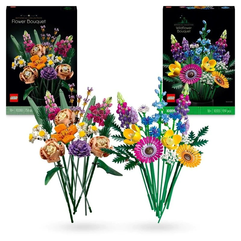 Bundle of LEGO 10280 Flower Bouquet, Artificial Flowers + LEGO 10313 Icons Wildflower Bouquet Set, Artificial Flowers with Poppies and Lavender, Crafts for Adults