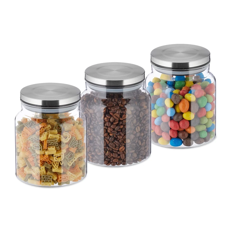 Relaxdays Set of 3 Jars, 1100ml, Steel Airtight Lids, Dry Food Storage, Glass, HxD: 14x12cm, Transparent/Silver, 14 x 12 x 12 cm