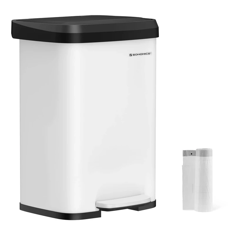 SONGMICS Kitchen Trash Can, 13-Gallon Stainless Steel Garbage Can, with Stay-Open Lid and Step-on Pedal, Soft Closure, Tall, Large and Space-Saving, White and Black ULTB530W50