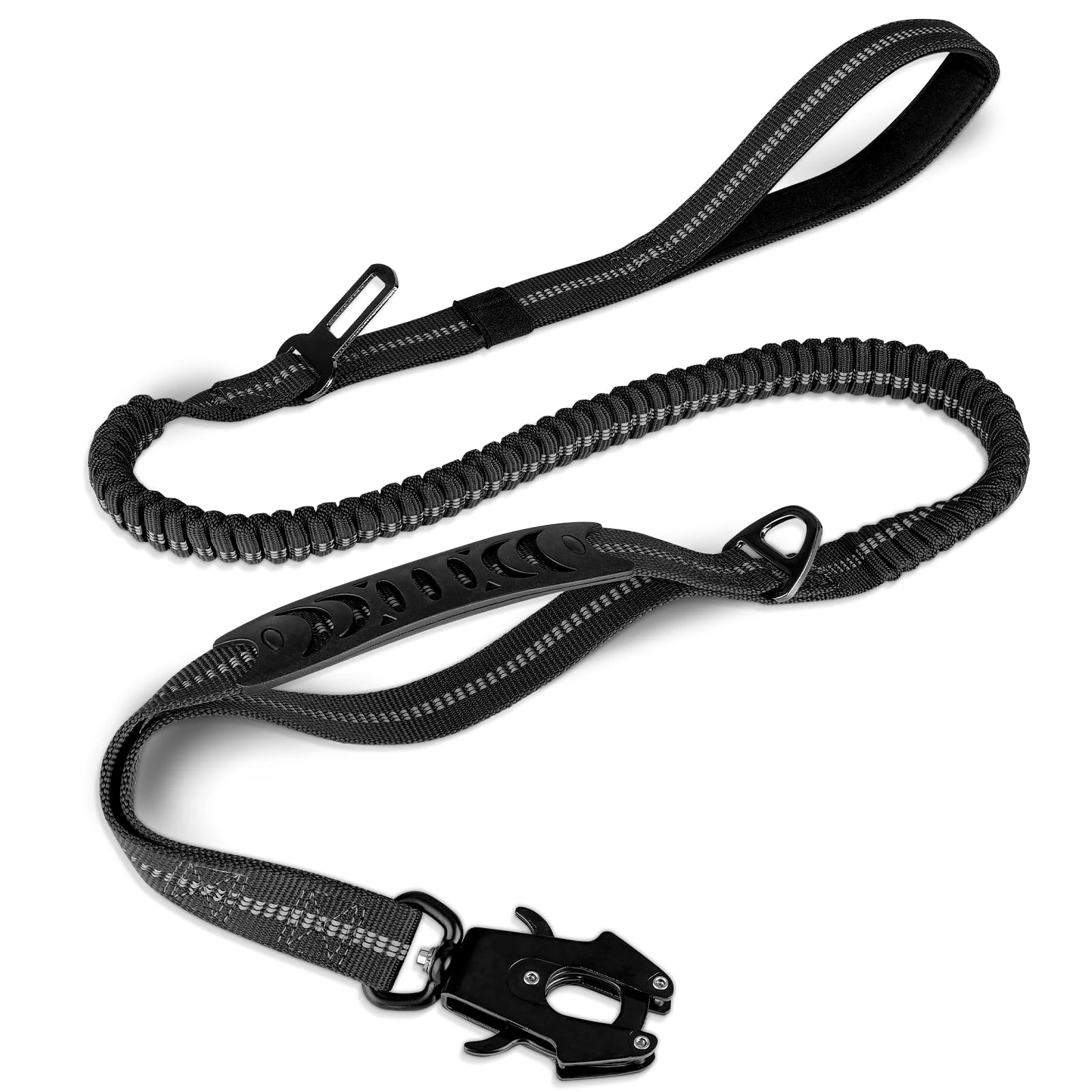 Joytale Tactical Dog Lead Heavy Duty, 1.2-1.8m Shock Absorbing Bungee leash with 2 Handle, Metal Carabiner Clip, Car Seatbelt, Strong No Pull Lead for Medium Large X-Large Dogs, Black
