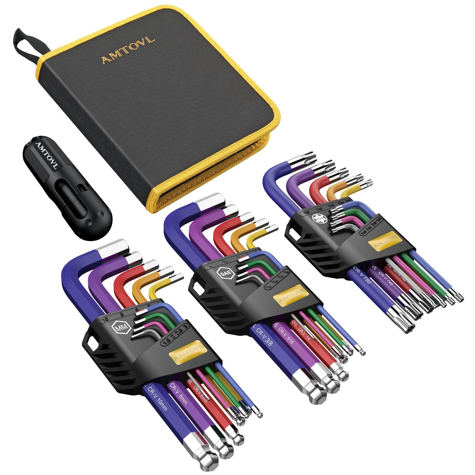 AMTOVL Hex Keys Set, 27PCS Allen Key Set & Star Key Set, Metric Imperial Extra Long Ball End Hex Key Set with Color Coding with T-Handle for Bicycle Repair Household DIY