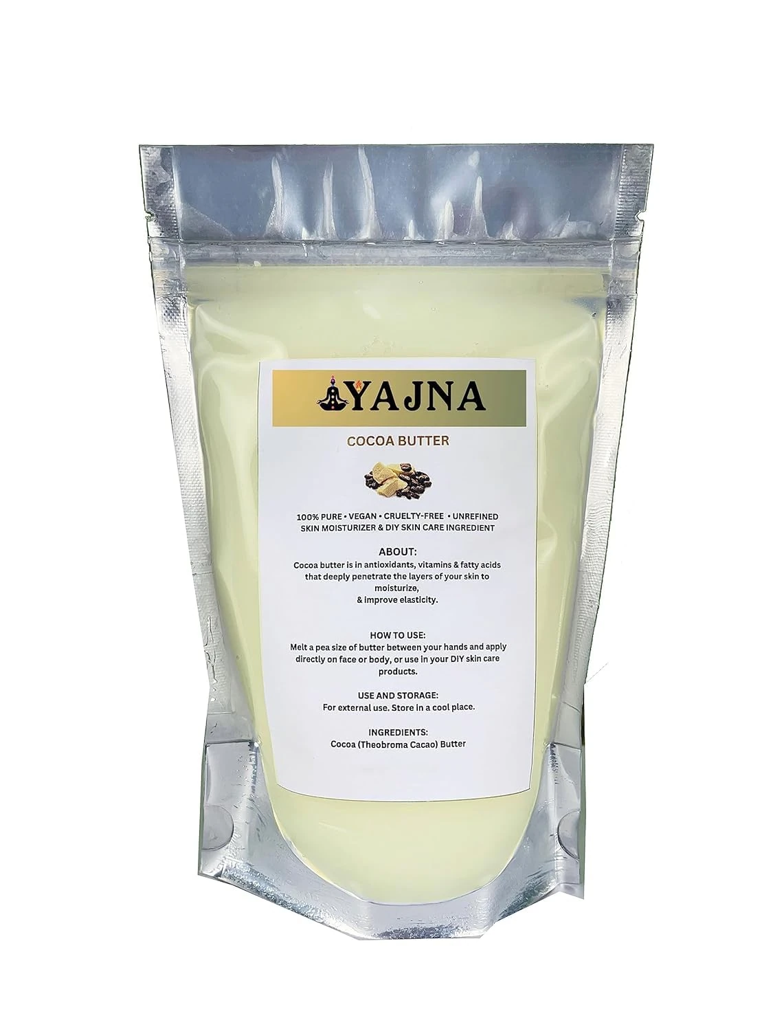 Yajna Organic Raw Cocoa Butter Pure,Natural Unrefined Skin Moisturizer For Face, Body Hair Grade A Diy Creams, Balms, Lotions, Soaps Softens Dry Tough Skin 4 oz 115 gm Ivory White