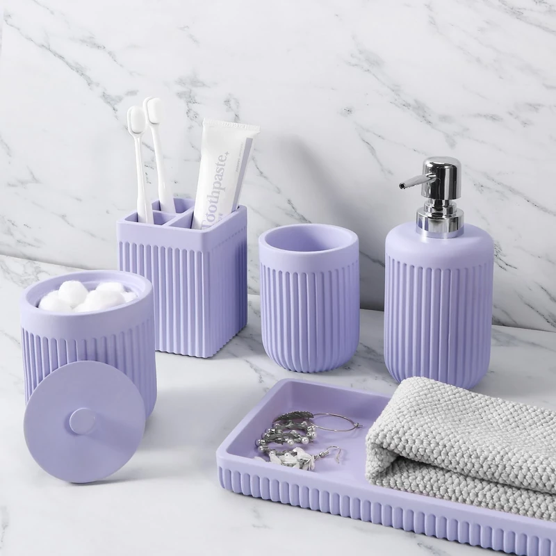 XLHOMO Resin Light Purple Bathroom Accessories Set 5 Pcs, Lotion Soap Dispenser, Toothbrush Holder, Bathroom Tumbler, Qtip Holder and Vanity Tray, Bathroom Countertop Organizer Set for Home Apartment