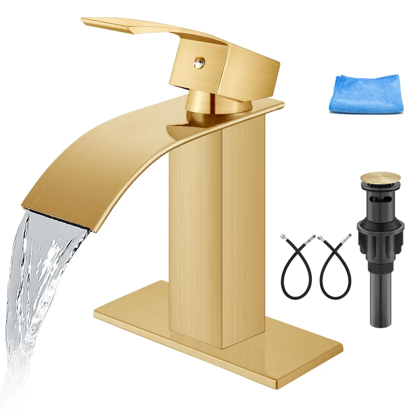 Aolemi Bathroom Faucet Single Handle 1 Hole Deck Mounted Toilet Vanity RV Basin Faucet with Cover Plate and Pop Up Drain Assembly Brushed Gold Waterfall Spout