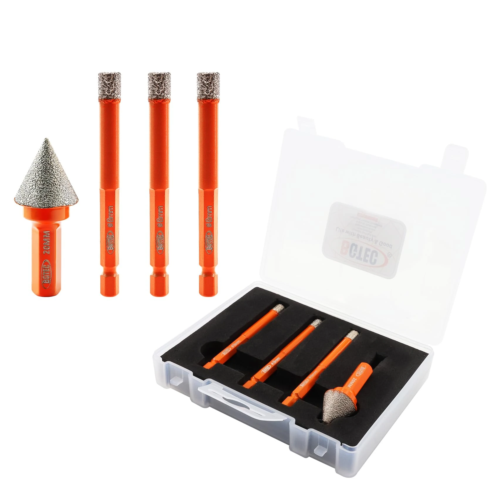 BGTEC Dry Diamond Drill Bits Set - Tile Drill Bit 8/8/8mm with Quick Change Hex Shank and 20mm Chamfer Bit with Hex Shank for Granite Marble Porcelain Ceramic，4pcs