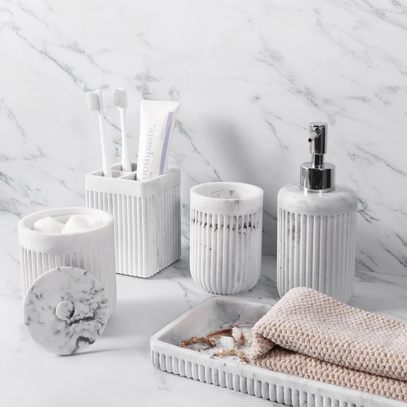 Resin White Marble Bathroom Accessories Set 5 Pcs, Lotion Soap Dispenser, Toothbrush Holder, Bathroom Tumbler, Qtip Holder and Vanity Tray, Bathroom Countertop Organizer Set for Modern Home Apartment