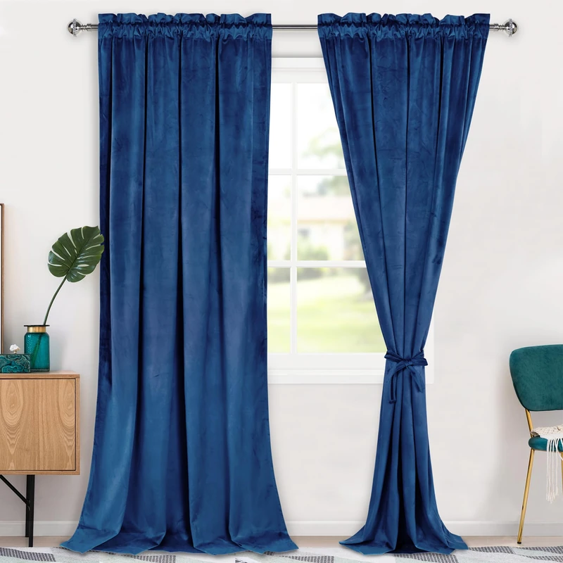 Hiasan Blue Velvet Curtains 120 inch Blackout Rod Pocket Thermal Insulated Soft Curtains Room Darkening Window Drapes with Tiebacks for Bedroom Living Room, Set of 2 Panels, 52W x 120L