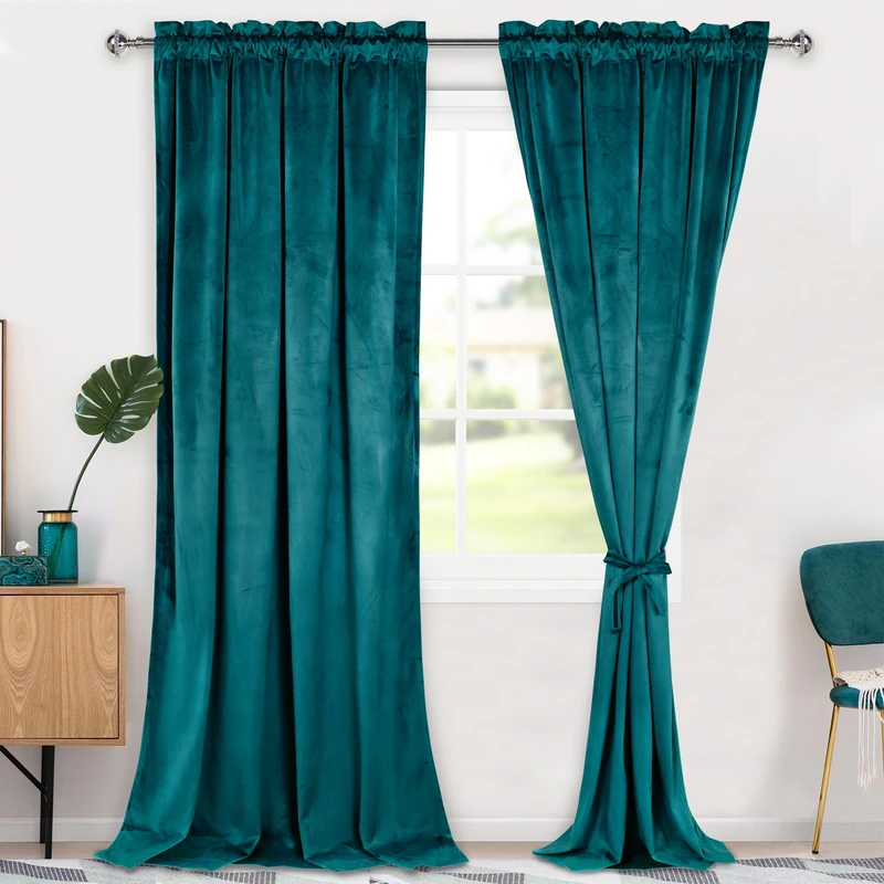 Hiasan Teal Velvet Curtains 120 inches-Blackout Thermal Insulated Solid Soft Curtains for Bedroom Living Room Rod Pocket Room Darkening 2 Panels Window Drapes with Tiebacks, 52W x 120L