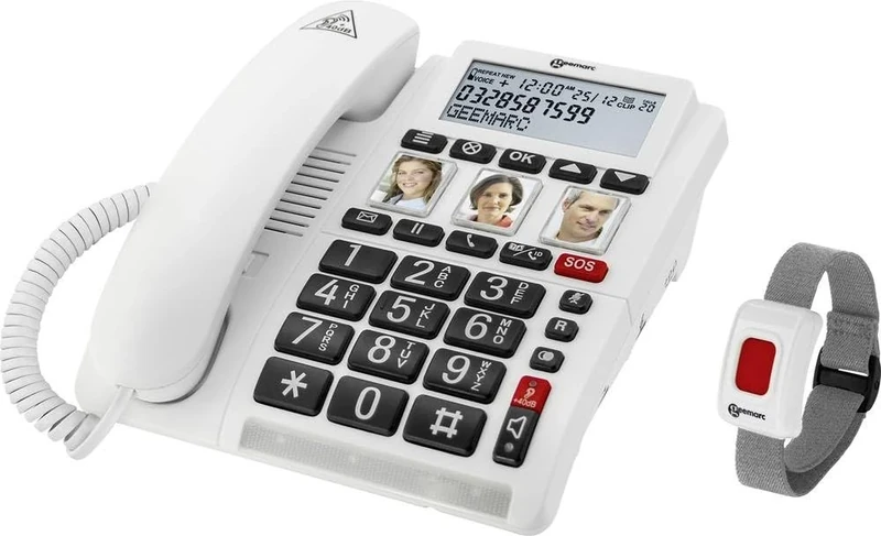 Geemarc CL610 Corded Emergency Phone and Waterproof SOS Bracelet with Amplified Volume and Adjustable Photo Buttons - Ideal for Seniors and Hearing Impaired People Living Alone