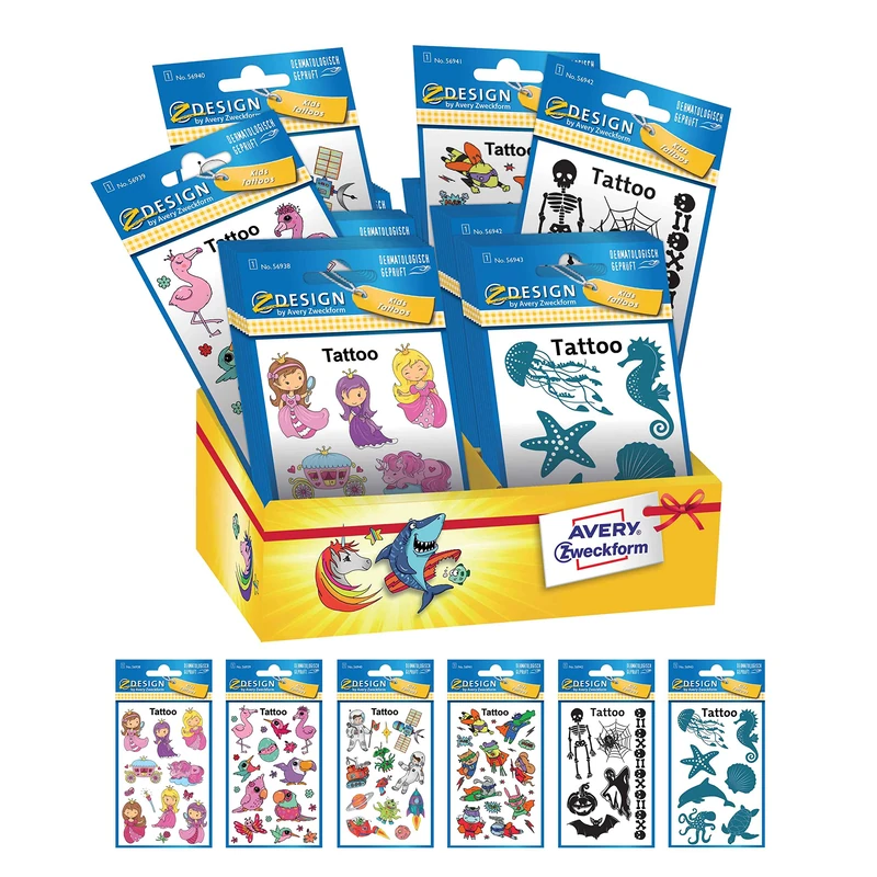 Avery Assorted Tattoo Stickers, 6 Different Fantasies, Total 60 Stickers on Cardboard Display - Image 1