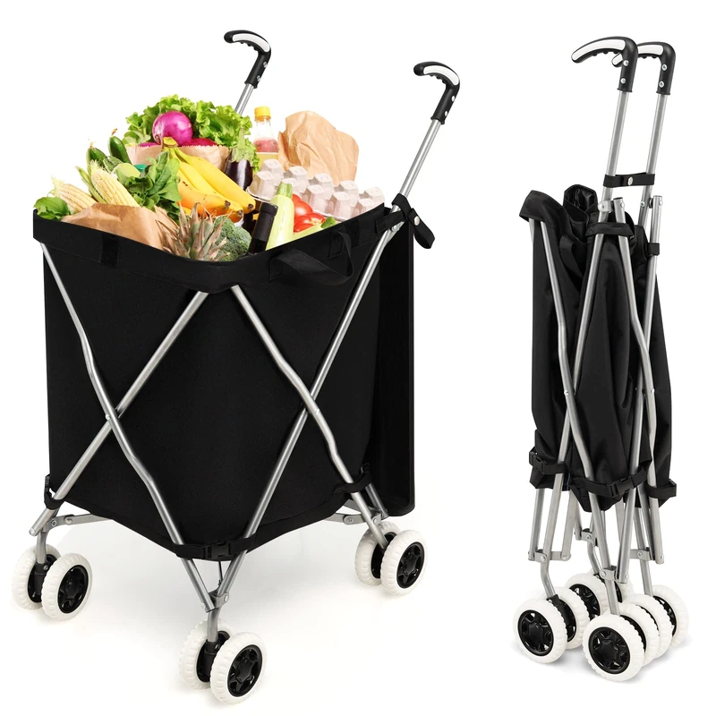 GiantexUK 90L Folding Shopping Trolley on 8 Wheels, Metal Frame Shopping Cart with Large Waterproof Bag and Ergonomic Handles, Lightweight Mobile Grocery Trolley for Home Laundry Supermarket (Black)