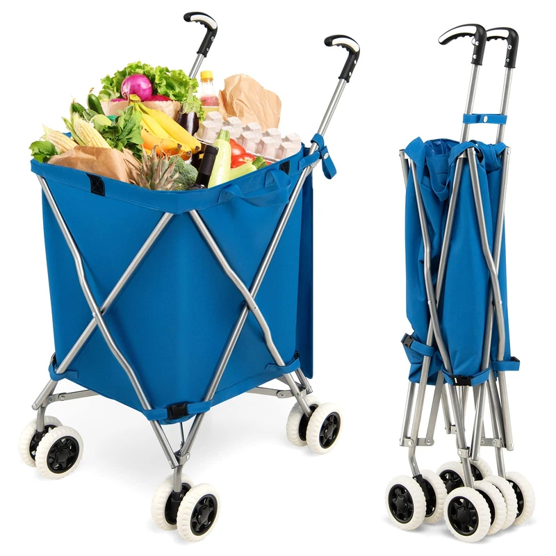 GiantexUK 90L Folding Shopping Trolley on 8 Wheels, Metal Frame Shopping Cart with Large Waterproof Bag and Ergonomic Handles, Lightweight Mobile Grocery Trolley for Home Laundry Supermarket (Blue)