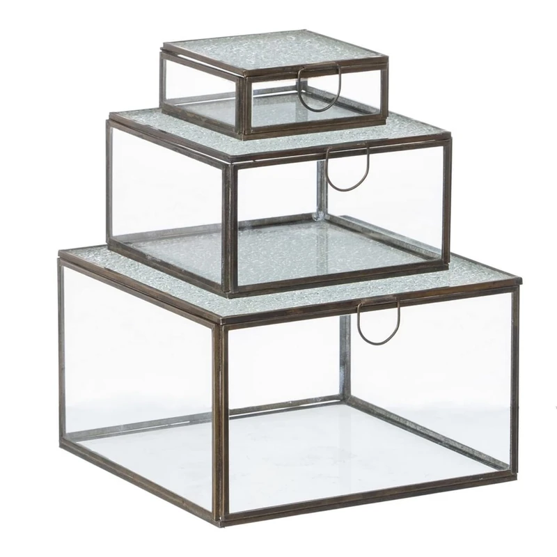 BigBuy Home Multi-Purpose Box 3 Pieces Gold Metal Glass 20 x 20 x 12 cm (3 Pieces) - Image 1
