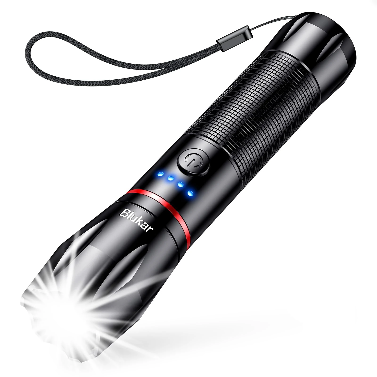 Blukar LED Torch Rechargeable, Super Bright Flashlight with 5 Modes, Adjustable Focus, Water Resistant, Lightweight Handheld Torch for Camping, Running, Dog Walking, Power Cut, Emergency etc-Black