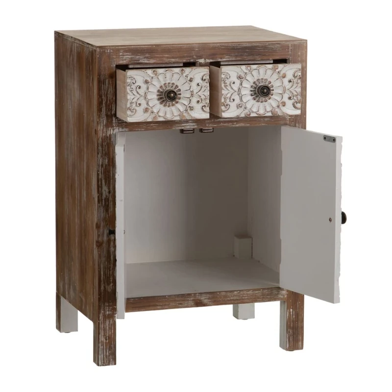 BigBuy Home Bedside Table ORIENTE Natural Wood White 45 x 34 x 66 cm